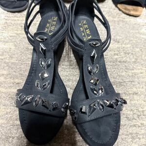 New York Transit Black Rhinestone Embellished Strappy Wedge Sandals Size 9M